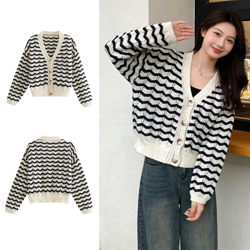 

SLTNX Striped Knit Cardigan Women's Spring and Autumn V-neck Single-breasted Long-sleeved Blouse Casual Women's Sweater