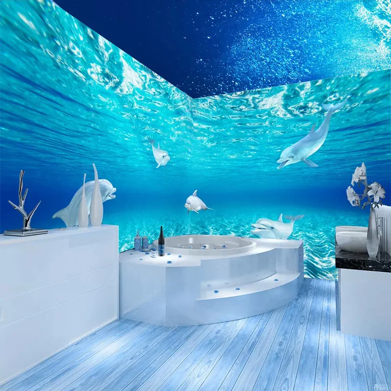 3D Stereo Dolphin Mural Wallpaper Self-Adhesive Waterproof Bathroom Children's Bedroom Wallpaper Backdrop Wall Covering