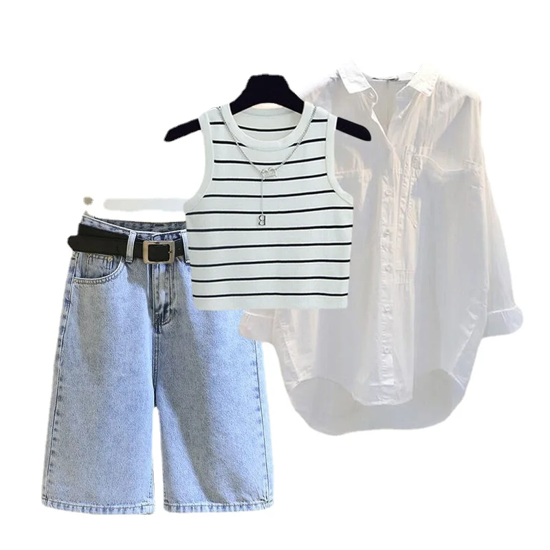 Summer Wear 2023 New Retro Striped Undershirt Shirt Female Fashion Denim Shorts Three Sets Y2K