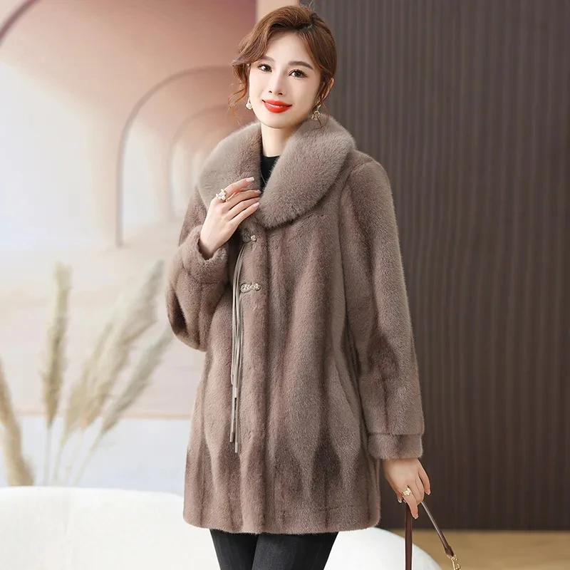 Mink Fleece Coat Women\'s Winter Noble Thickened Warm Loose High End Fur Rich Lady Long Sleeved Fur One Piece Mom\'s Clothing