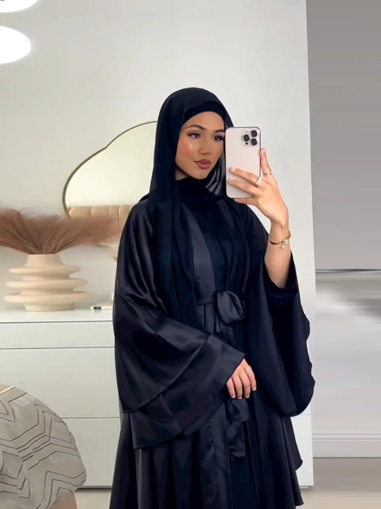 Eid Abayas for Women Muslim Satin 3 Layers Jalabiya Ramadan Robe Cake Dress Ramadan Caftan Long Dresses Vestido Largo Cardigan