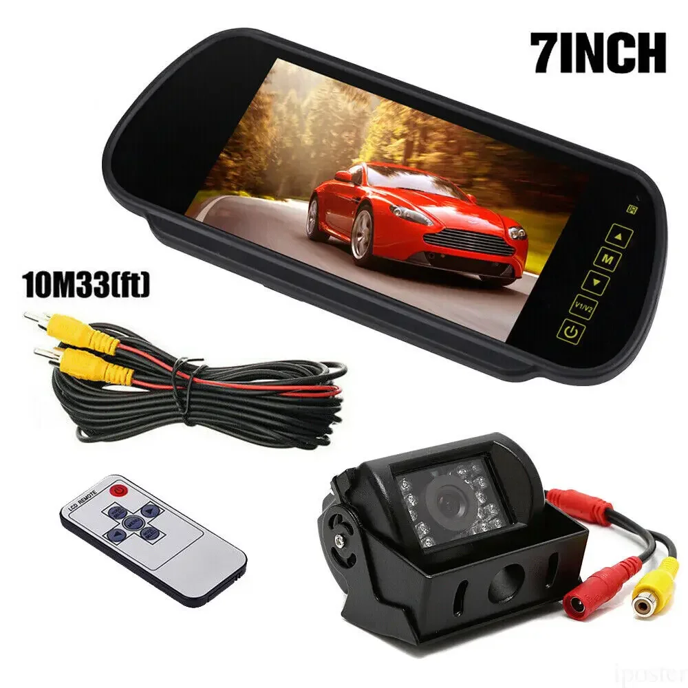 

7" Car Rear View Mirror Monitor Backup IR Night Vision Camera with 10m AV cables 12-24v For Truck RV VAN Trailer Motothome