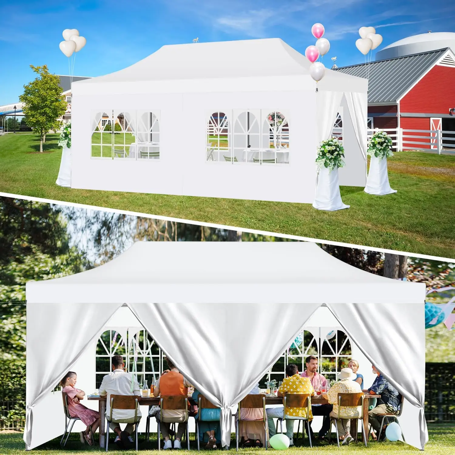 Pop Up Canopy 10X20,Heavy Duty Commercial Canopy Tent, Waterproof Outdoor Canopy With 6 Sidewalls, 3 Adjustable Height, Roller