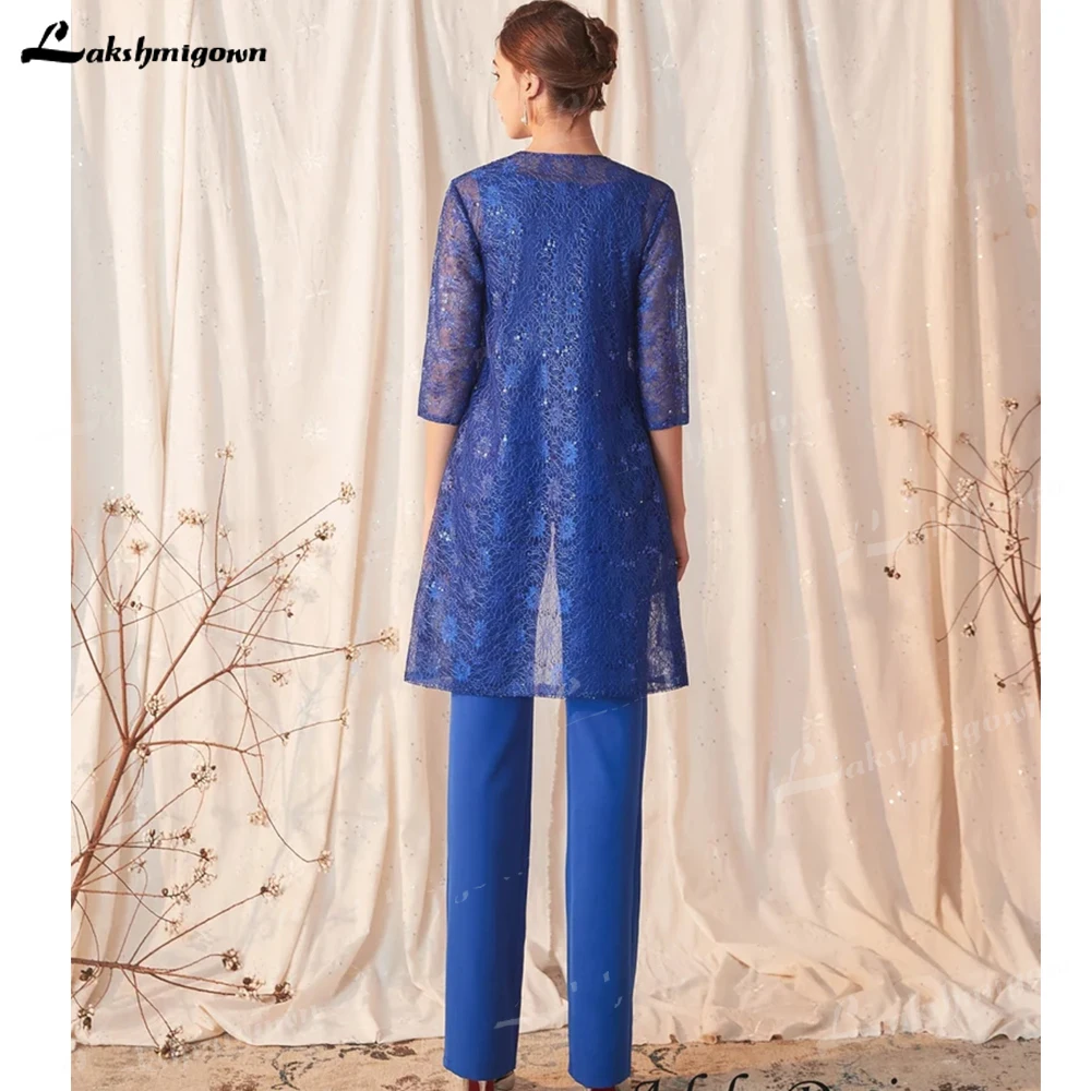 3 Piece Dark Blue Pants Trouser Suit Elegant Women's Dresses For Party 2023 Long Lace Jacket sleeveless vestidos de fiesta