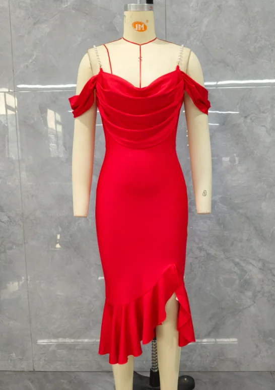 Women\'s Wedding Guest Dress 2024 Late Evening Fake Two Piece Cowl Neck Pearls Strap Cold Shoulder Party Midi Dress Long Skirt