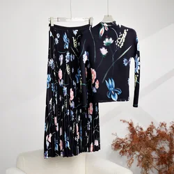 Mulheres estampa floral estiramento pulôver top e saia longa plissada, roupas femininas, primavera, outono, passarela, gola alta, 2 pcs conjuntos