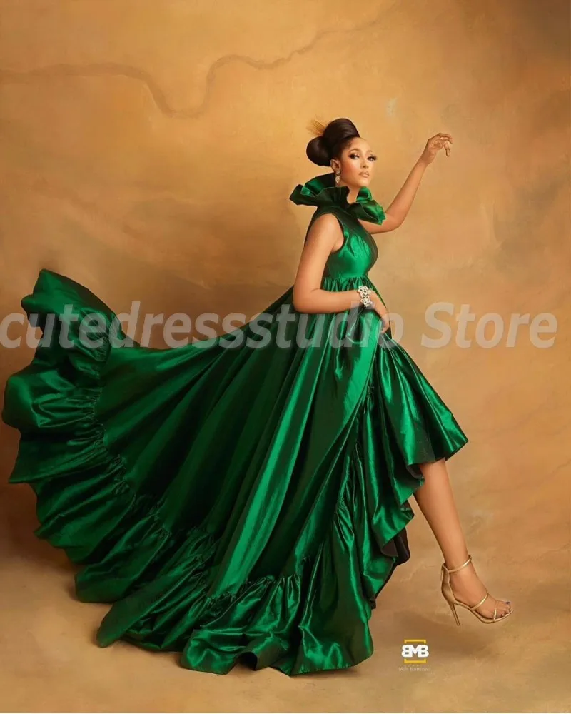 Aso Ebi-Robe de Soirée en Satin Vert Émeraude, Longue, à Volants, Col Haut, de Bal Africain, Quelle que soit la Tenue de Mariage Personnalisée