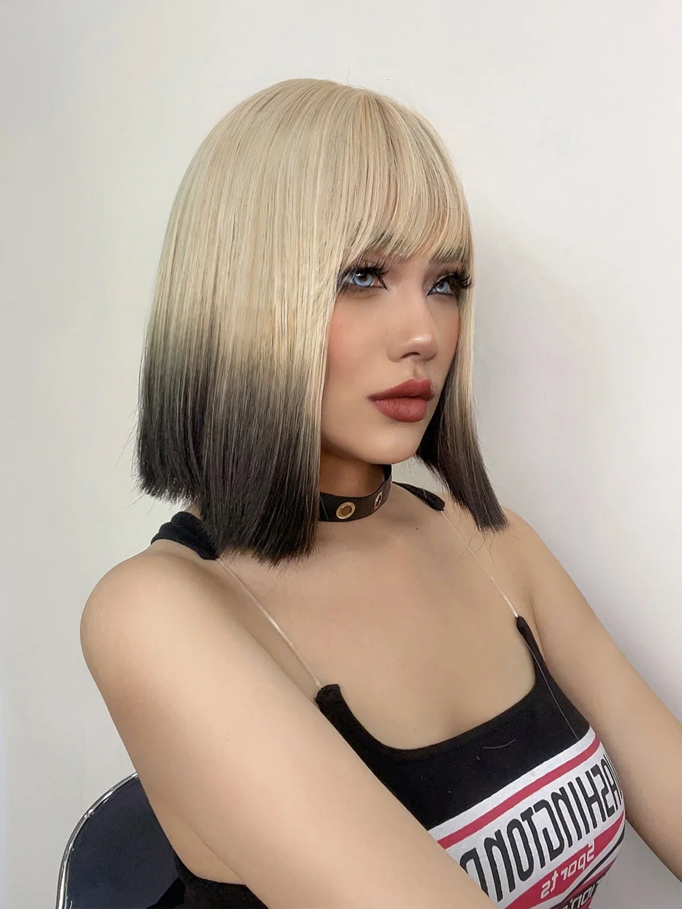 12Inch Grey Gradient Black Synthetic Wigs With Bangs Medium Natural Straight Hair Wig for Women Daily Use Cosplay Heat Resistant