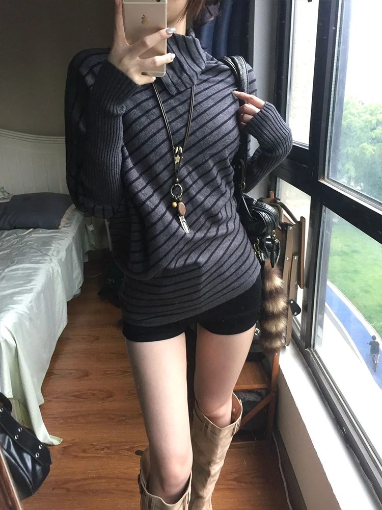 

Японский свитер 2000-х годов, женский полосатый вязаный пуловер с рукавами «летучая мышь», уличная одежда Y2k, винтажные топы, водолазки, свитера