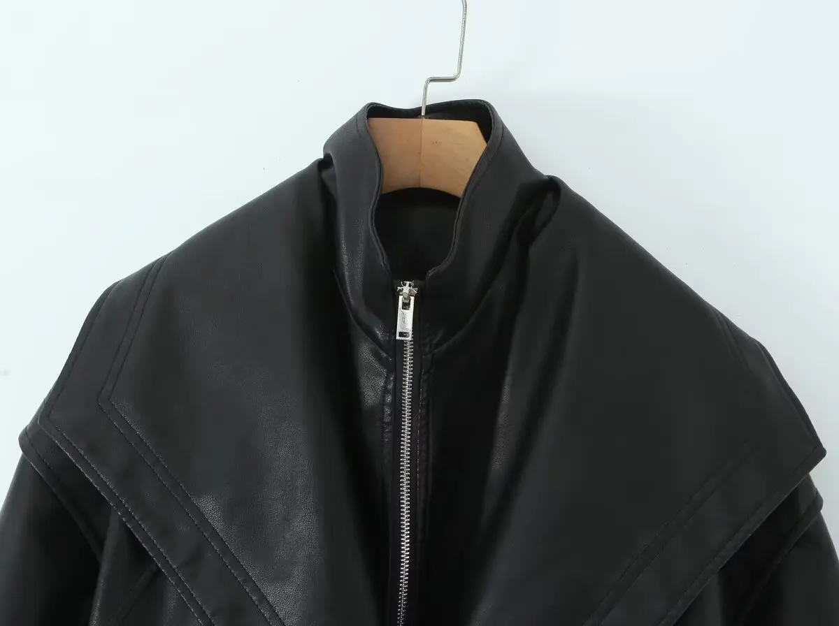 Jaket Wanita Musim Gugur Terbaru Model High Street Warna Coklat Resleting Kulit PU Kasual Kerah Lapel V-neck Pinggang Elastis Model Cinching