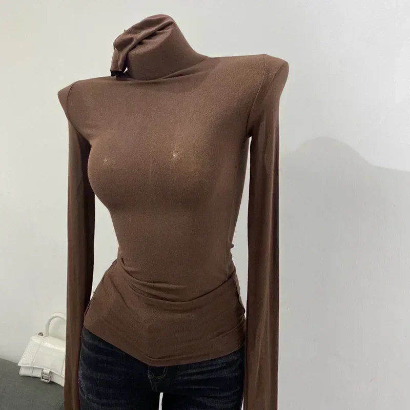 Turtleneck Slim High Quality Plain T Shirt Women Cotton Elastic Basic Female Tops Long Sleeve Sexy Thin T-shirt See Through 2024