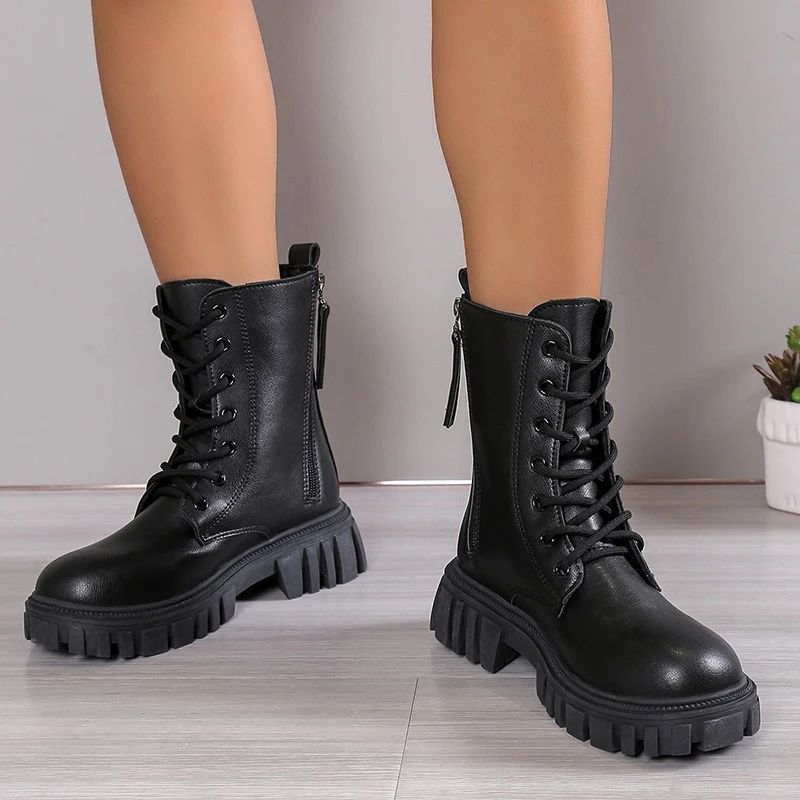 2024 Black New Women Ankle Boots Autumn Winter Platform Lace Up Ladies Punk Boots Thick Sole Zipper Combat Booties Female