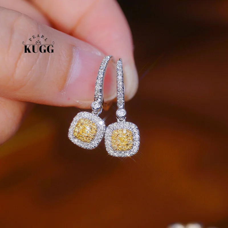 KUGG 18K White Gold Earrings Fashion Design 0.60carat Real Natural Yellow Diamond Hoop Earrings for Women High Party Jewelry