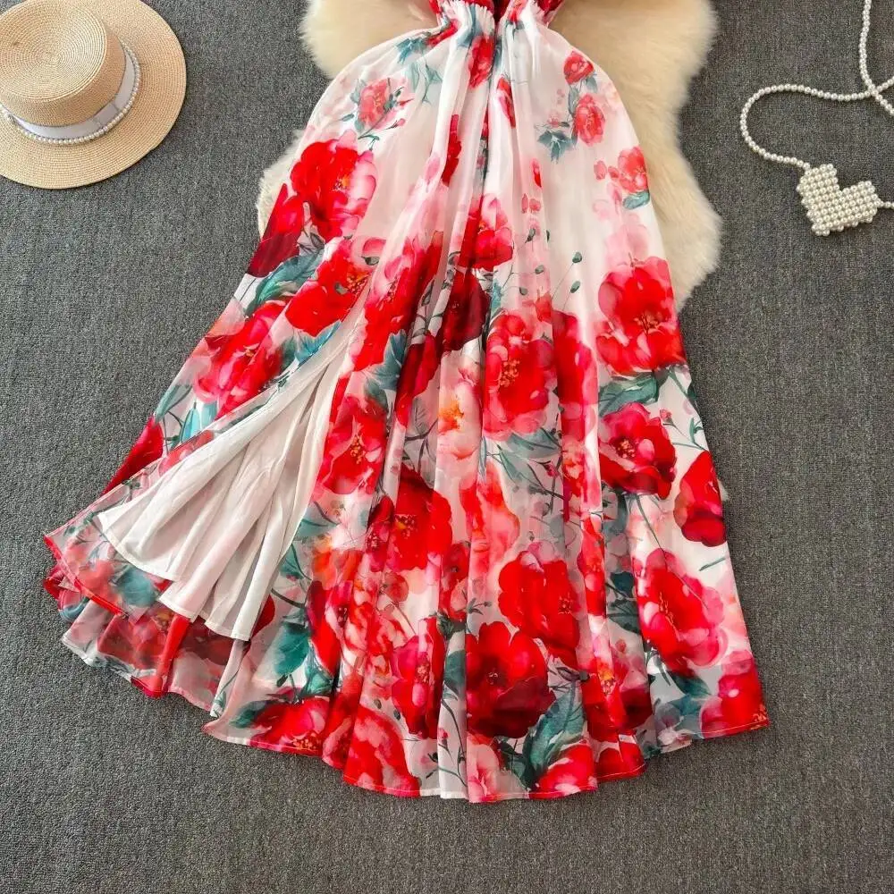 

BabYoung Sweet Summer Slash Neck Butterfly Sleeve Mujer Big Swing Chiffon Print Panelled Fresh Robe Off Shoulder Slim Fit Dress