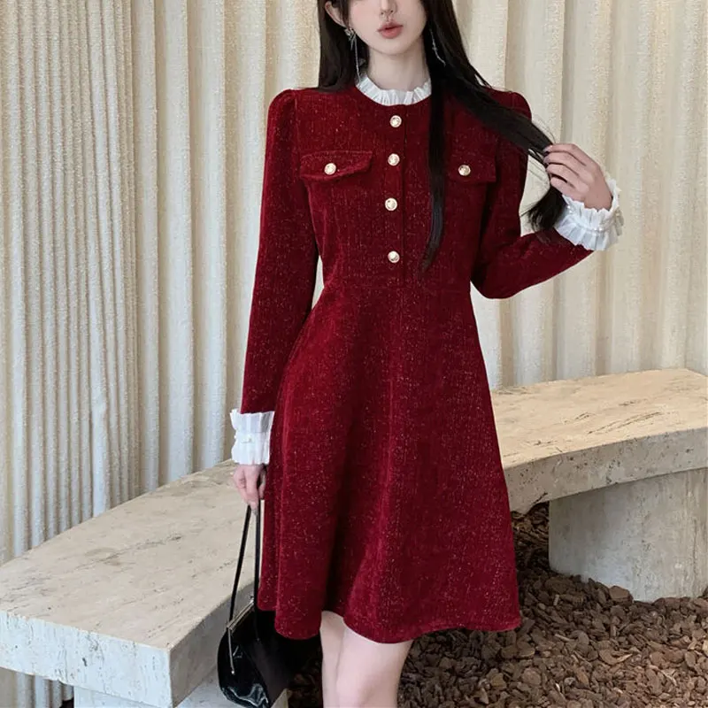 Socialite Lace Spliced Dresses Autumn Winter Fashion Bright Silk Women's Clothing Elegant A-Line Waist Aura O-Neck Midi Dress