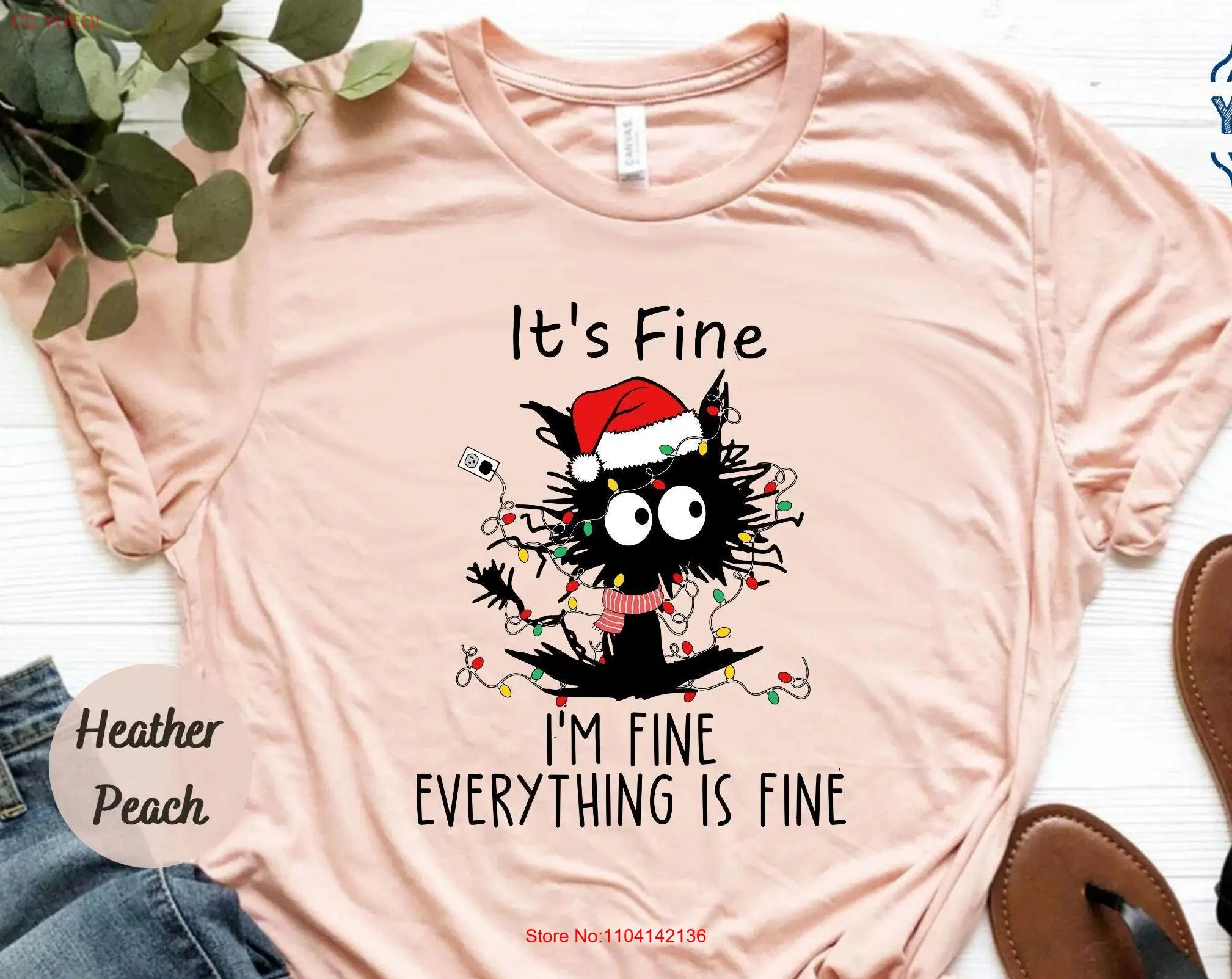 

I'm Fine Everything Is T Shirt Christmas CaT Lover Motivational Xmas Sarcastic Mom Dad long or short sleeves