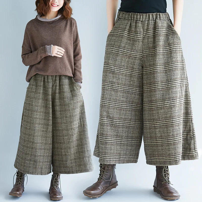 Johnature Wide Leg Loose Plaid Women Pants Elastic Waist Calf-Length 2024 New Casual Office Lady Women Pants