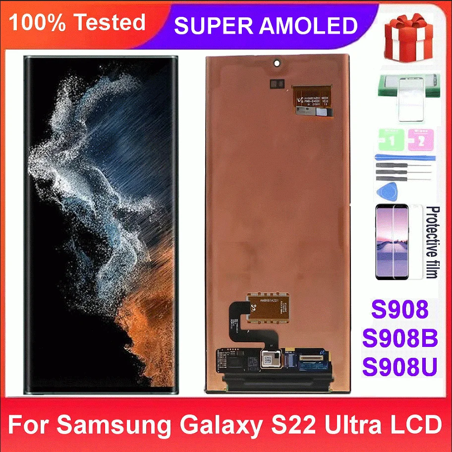 Super AMOLED For Samsung Galaxy S22 Ultra LCD S908 S908B Screen Display Touch Screen Digitizer With defects screen 100% testing