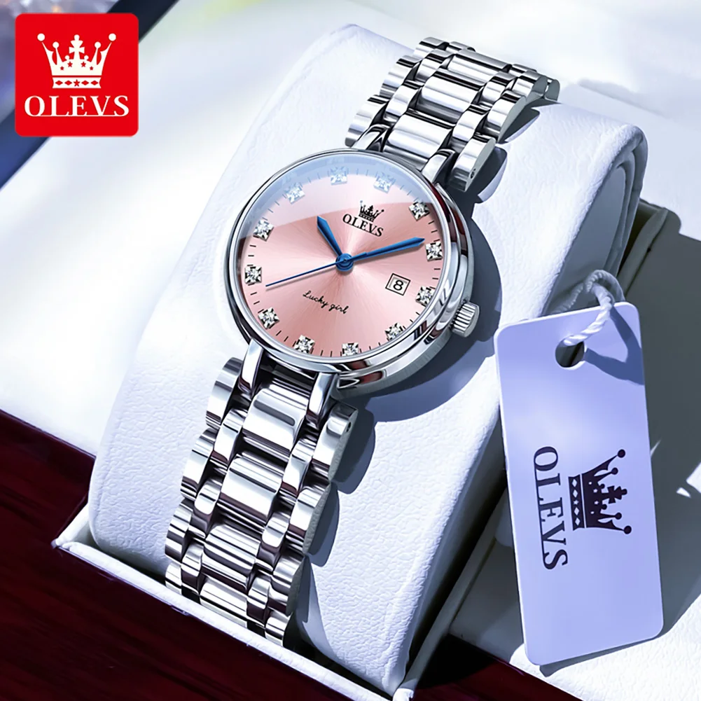 OLEVS 5575 Women Watch Fashion Luxury Roman Scale Diamond Dial Fashion Calendar Waterproof Watch Elegant Pink Women Quartz Watch