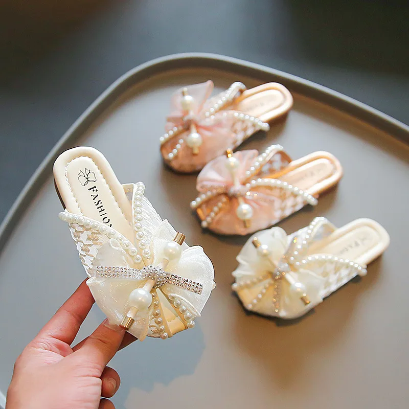 

Girls Summer Slippers Outdoor Slides Mesh Lace Bow-knot Chic Soft Breathable Princess Kids Beach Slippers Sweet Pearls Peep Toe