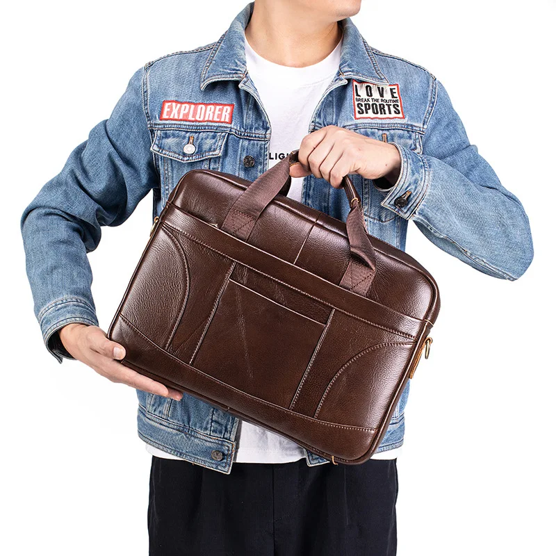 Leather men's large capacity briefcase for business and casual wear retro  genuine leather, single shoulder strap, crossbody bag