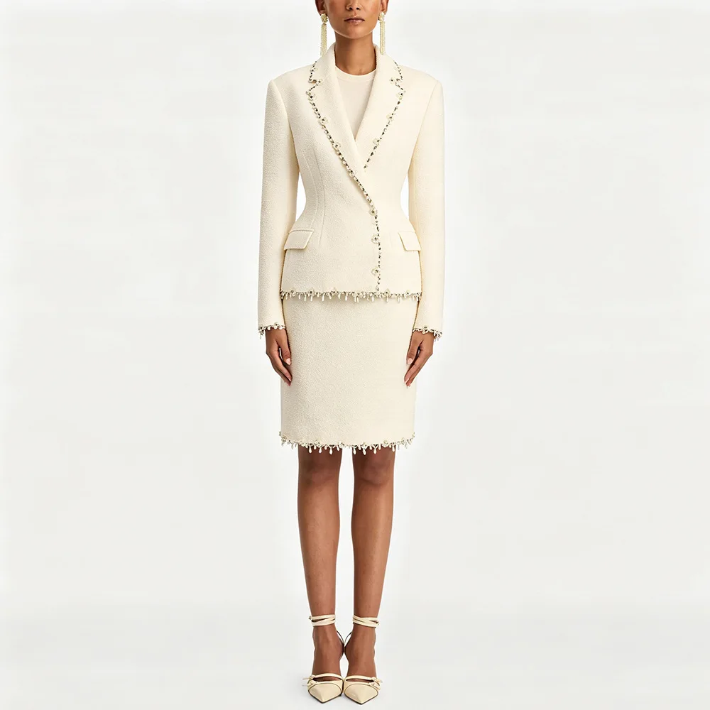 HIGH STREET Newest 2026 Fall Winter Designer Fashion Suit Set Women's Beaded Tweed Jacket Blazer Skirt Set 2pcs