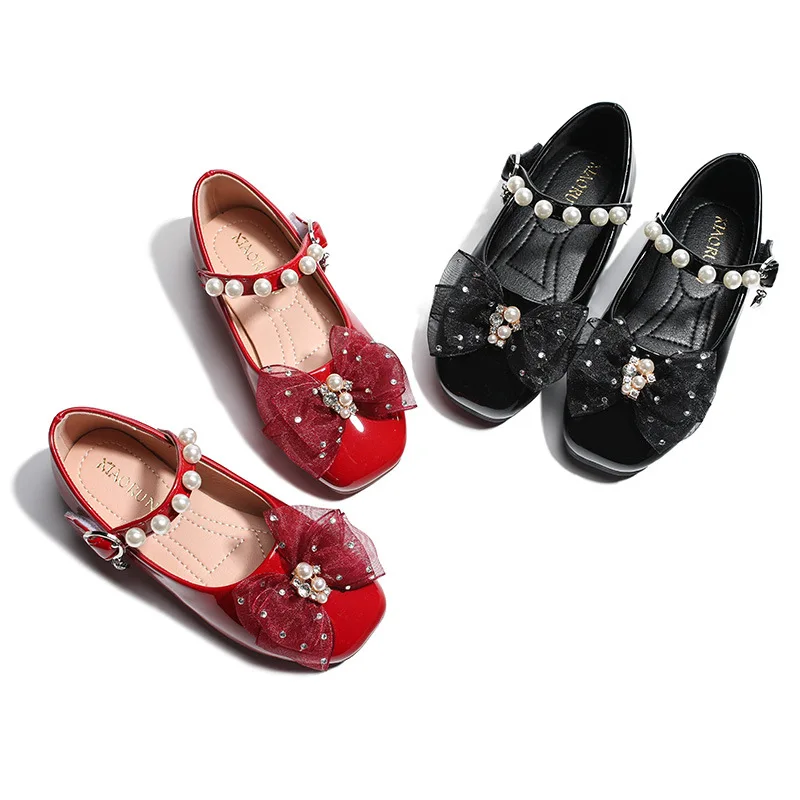 Zapatos Rojos de Navidad para niñas, uniforme escolar negro, planos, con cuentas, vestido de tirantes, de cuero suave, informales