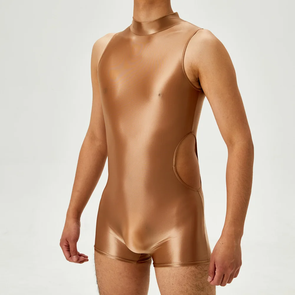 

Glossy See Through Sexy Mens Bodysuit Undershirts One-piece Romper Fitness Leotard Male Underwears