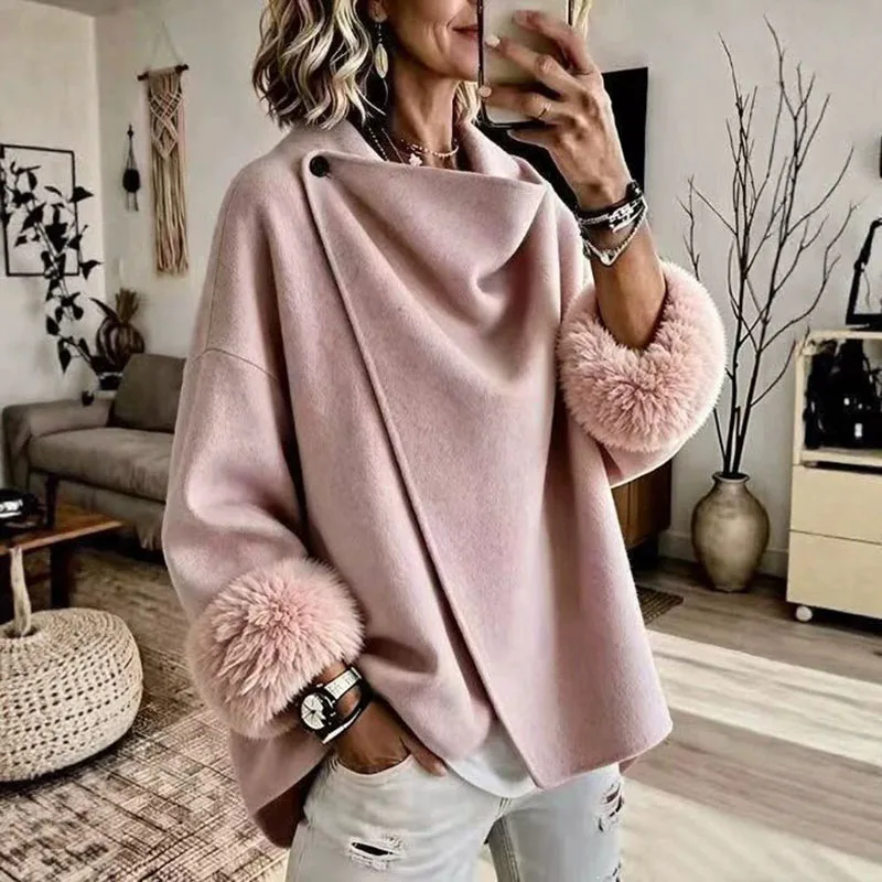 Elegant Wrap Cape Jacket Woman Draped Collar One Button Long Sleeve Faux Fur Fluffy Cuff Loose Coat Casual Fall Winter Outerwear
