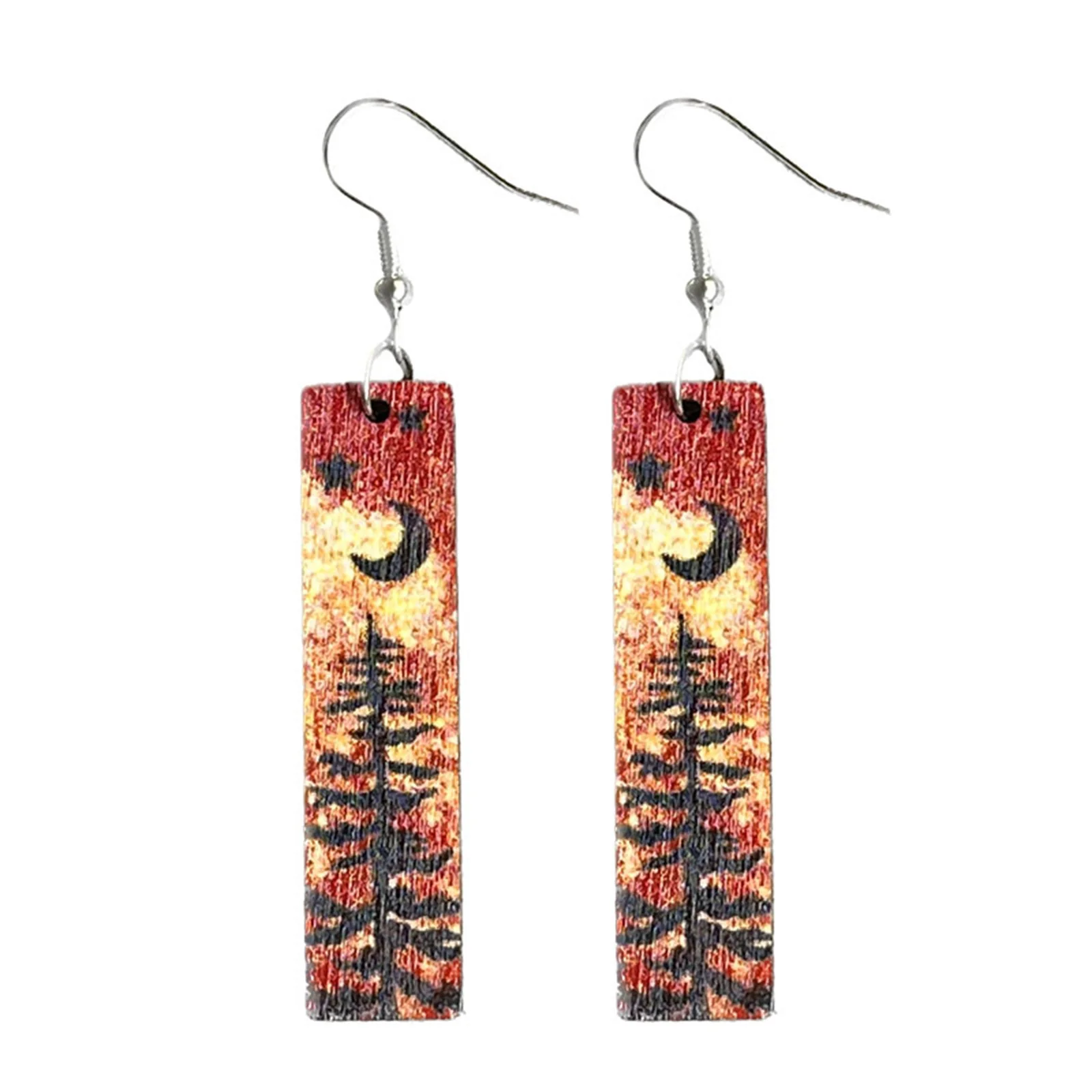 Wood Pastoral Style Earrings Rectangle Forest Minimalist Wood Night Stars Moon Natural Texture Colorful Print Strip Earrings