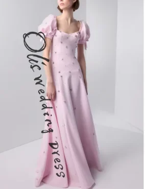 

customized Pink Sweetheart Neck Prom Dress Short Sleeve Backless Customized Luxurious Women Evening Dresses A-Line vestidos de