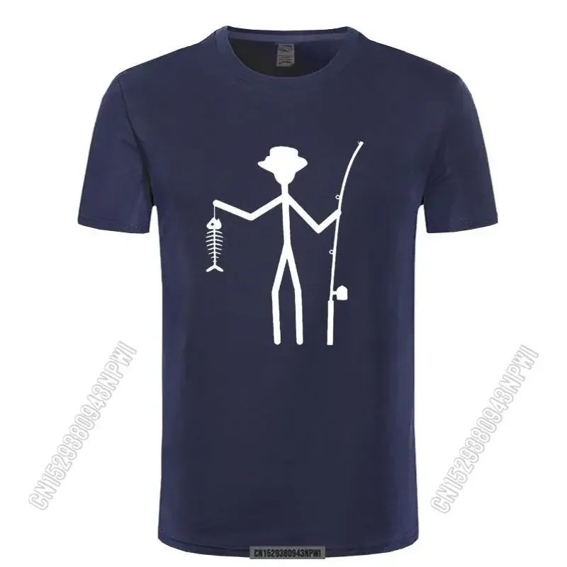 Cool Funny T-Shirt Men High Quality Tees Men's Fisherman Stick Figure Holding Fish Bones Cotton Stylish Chic T Shirts