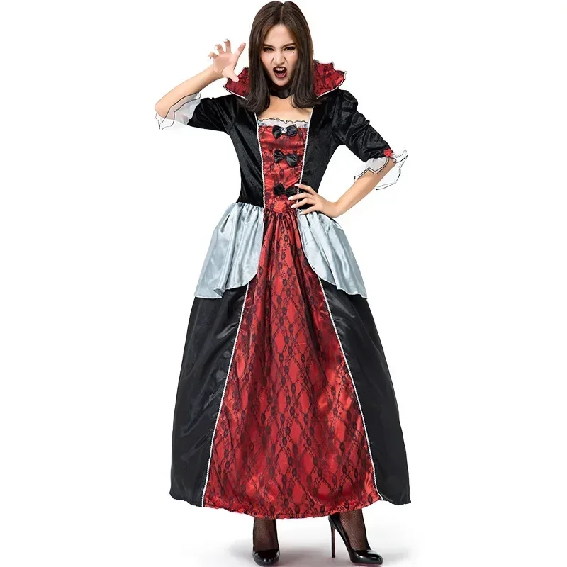 

Ladies Gothic Vampire Costume Bloody Countess Classic Movies Black Red Halloween Fantasy Fancy Dress for Women