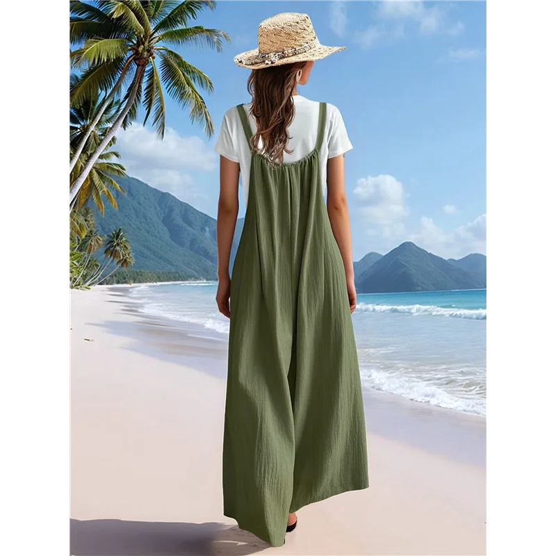 

CGS-Casual Wide Leg Jumpsuits For Women Boho Pleated Overalls Rompers Summer Outfits With Pockets