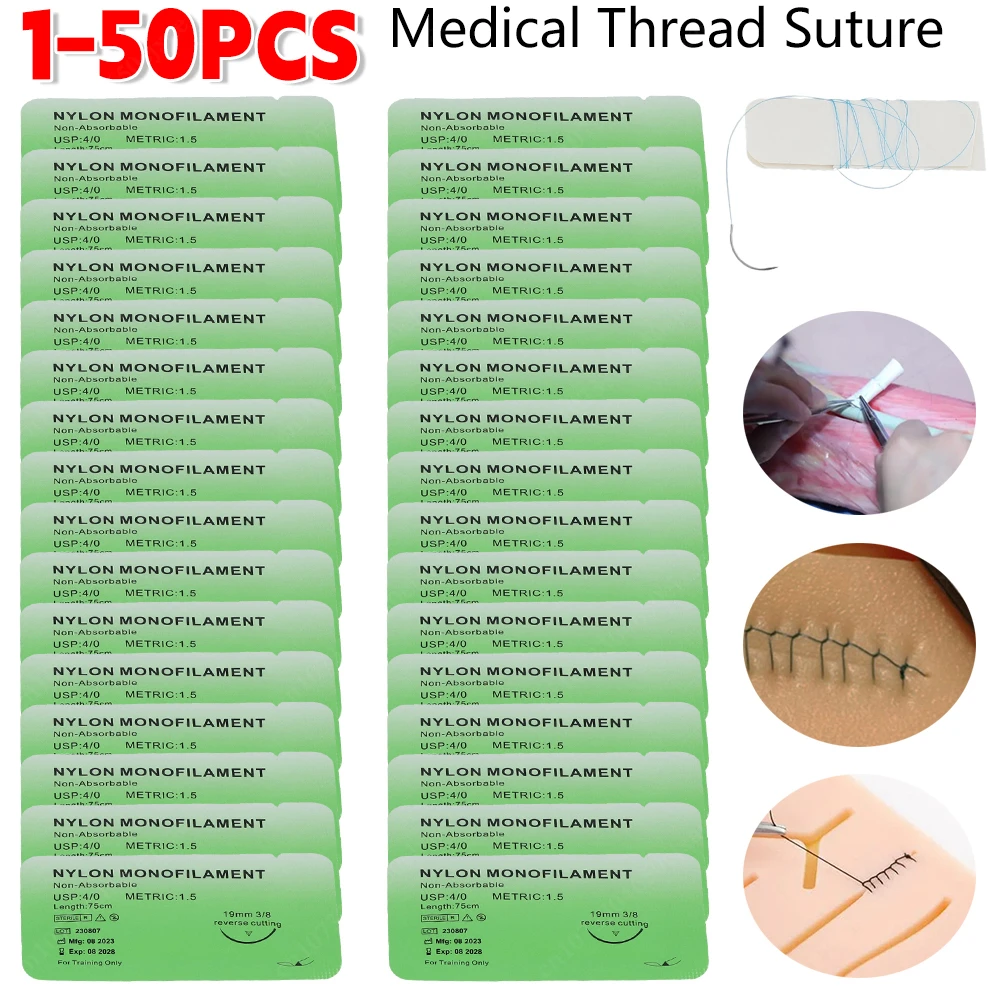 1-50PCS 4/0 Medical Monofilament Thread Nylon Silk Monofilament Needle Suture Non-injured for Medical Students Education