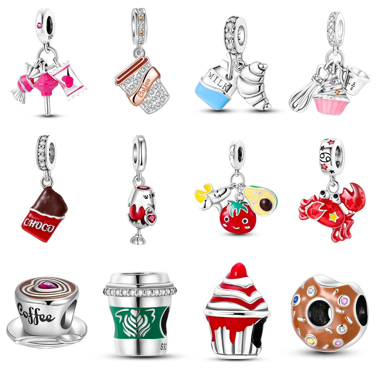 

925 Sterling Silver Fruit snacks Drinks Candie Charms Fit Original Pandora Bracelet Beads for Women Jewelry DIY Gift