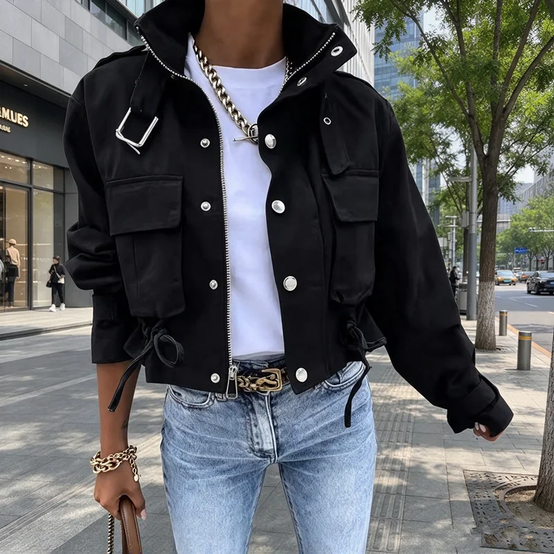 Women Black White Abstract Print Cropped Jacket, Stand Collar Zip Up Multi Pocket Cargo Coat, 2026 Autumn Streetwear Drawstring