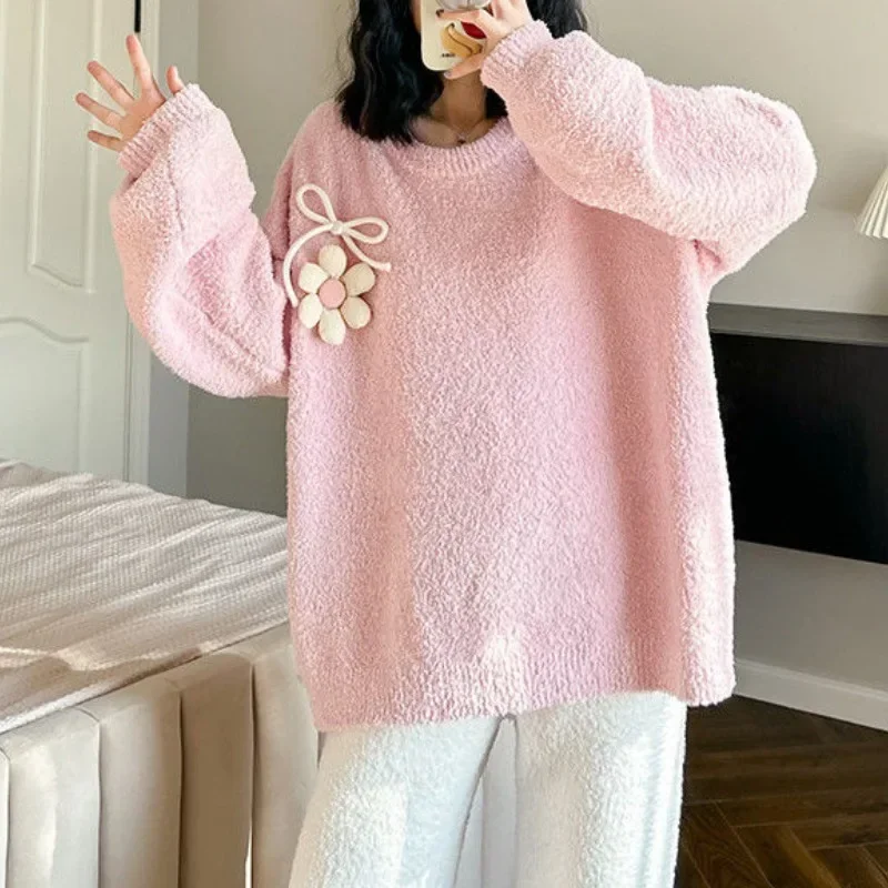 Extra Large Size Can Wear Sweet Flower Pajamas Women's Autumn and Winter Coral Fleece Thickened Wear Warm Loungewear Sweet Suit