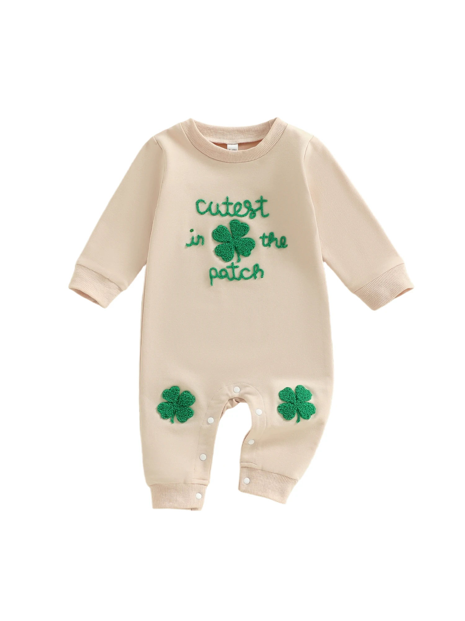 

St Patrick s Day Baby Romper with Shamrock Embroidery and Long Sleeves Round Neck Jumpsuit for Boys and Girls
