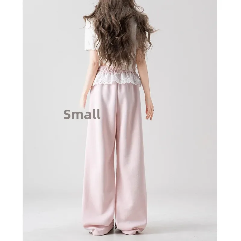 الوردي الدانتيل الربط تصميم واسعة الساق السراويل النسائية فضفاضة عارضة Sweatpants ربيع جديد نمط التخسيس تأثير مريح صالح