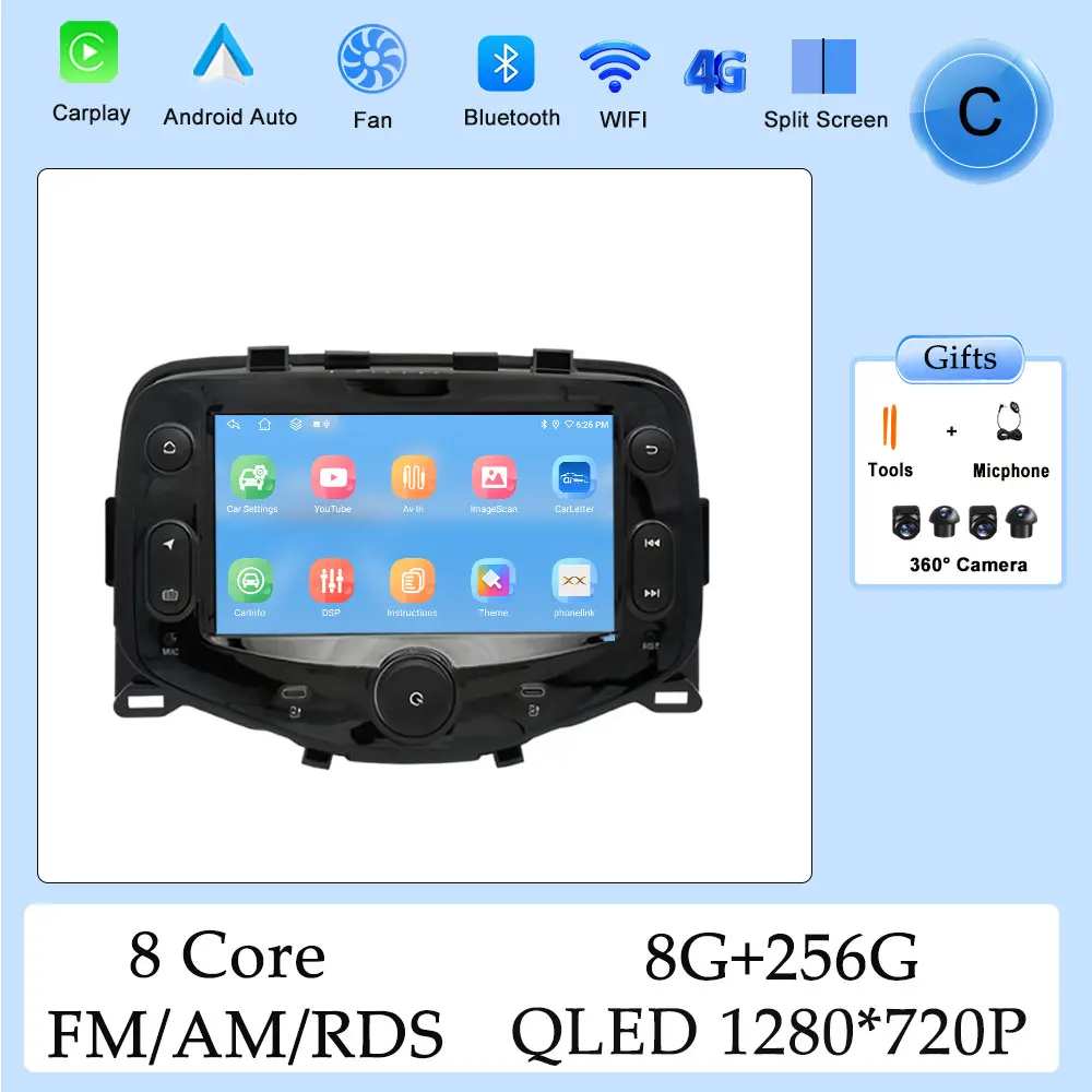 Carplay HD Scherm Autoradio Multimedia Speler voor Toyota Aygo Peugeot 108 voor Citroen C1 2014 - 2021 DSP Stereo GPS Navi WIFI