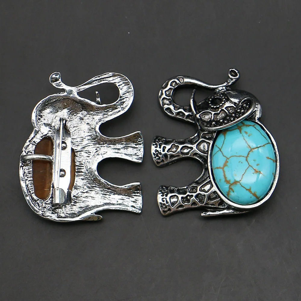 

Exquisite Natural Blue Turquoist Tiger Eye Stone Elephant Shape Pendants Alloy Inlaid Natural Stone Design Brooch Jewelry 1 Pc
