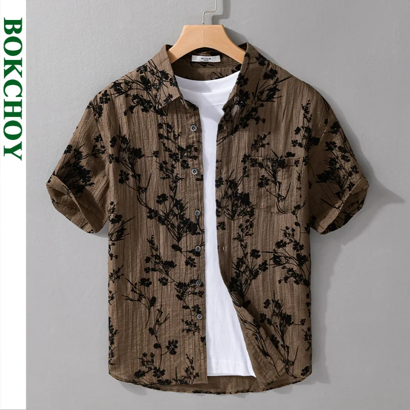 2024 Summer New Fashion Jacquard Pattern Men\'s Summer Shirt Fresh Short Sleeve Casual Vintage Shirt Men Clothing FY983