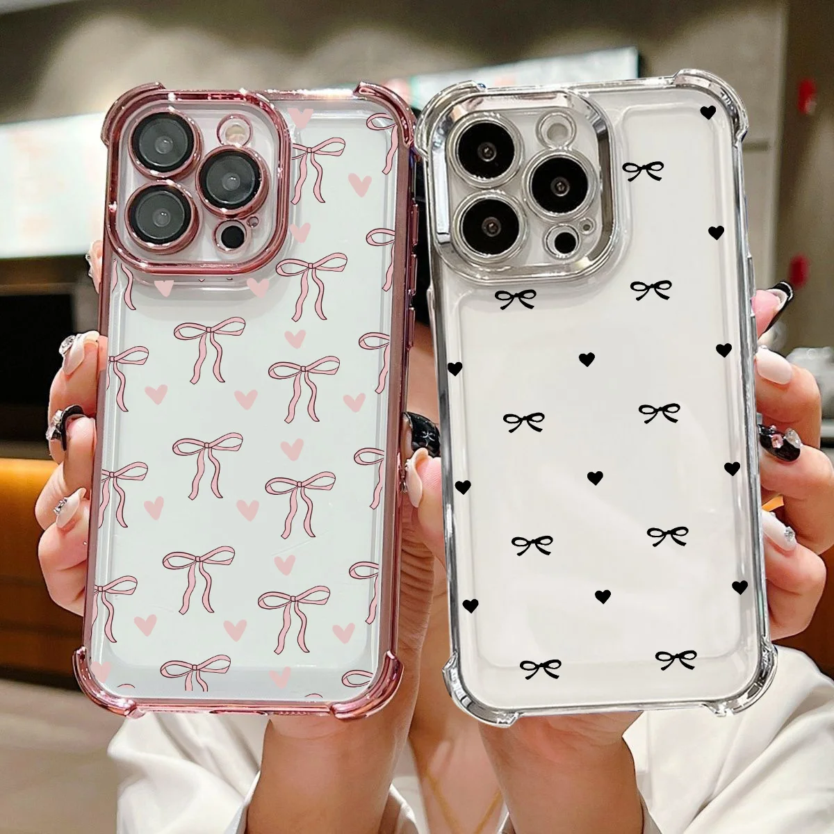 Black Love Heart Bow Case For Realme 15 14 Pro Plus 15T 5G C53 C51 C85 C55 12 13 9 Pro Plus GT 7 Cute Plating TPU Airbag Cover