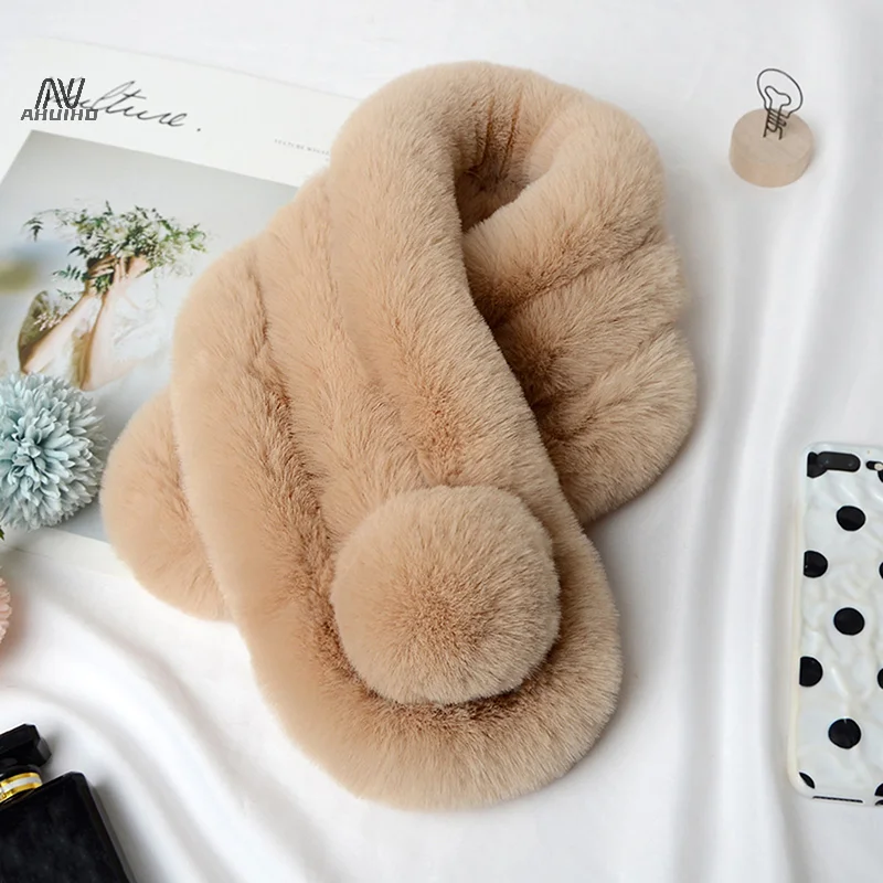 Autumn Winter Fur Rabbit Scarf Plush Thick Women's Cross Neck Warmer Collar Casual Female Lady Outdoor Furry Scarves