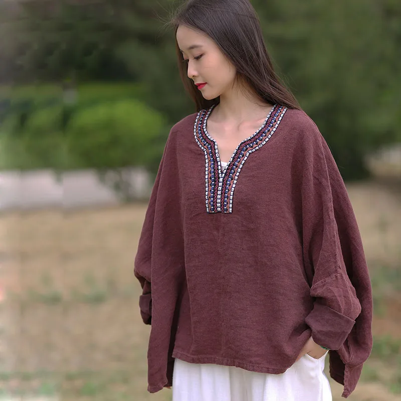 

Autumn Women Embroidered Peasant Tops Batwing Sleeve V Neck Casual Loose Fit Linen Shirts Retro Fashion Plus Size T-Shirt Jumper