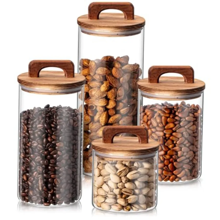 

4 Pcs Glass Food Storage Jars with Airtight Wood Lid Storage Jars Containers with Stickers Marker for Candy, Cookie, Rice, Suga