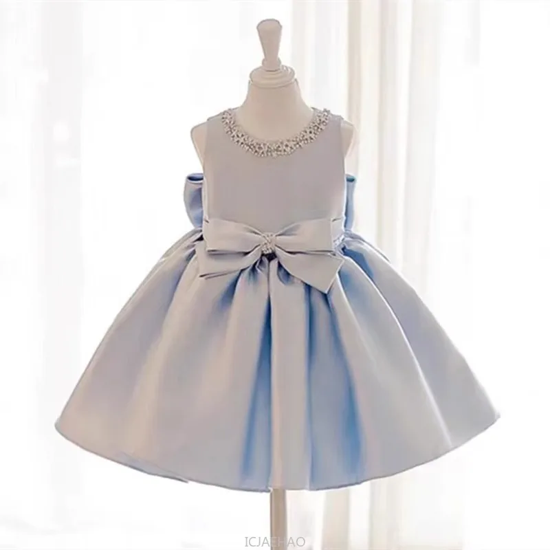 

Dress Child Party Clothes Blue Girls Sleeveless Satin Princess Dresses Kid Costums Children Birthday Host Piano Recital Outfits