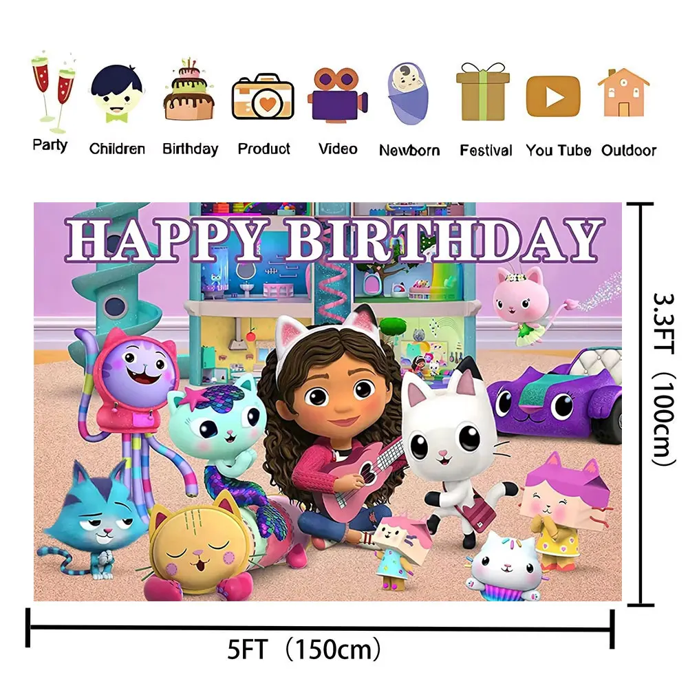 Cartoon Gabby Dollhouse Children Birthday Party Supplies Decoration Background Girl Baby Shower Pink Toy Photo Shoot Banner Prop