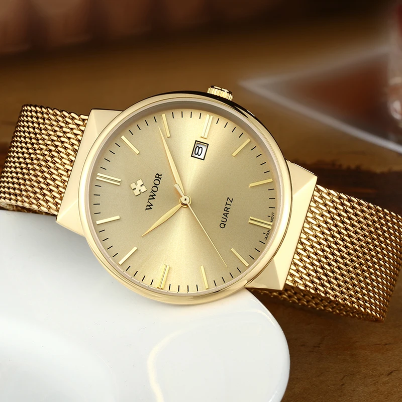 2022 Fashion Wwoor Top Brand Men Simple Slim Watches Luxury Gold Steel Mesh Ultra Thin Waterproof Date Wrist Watch Golden Clock